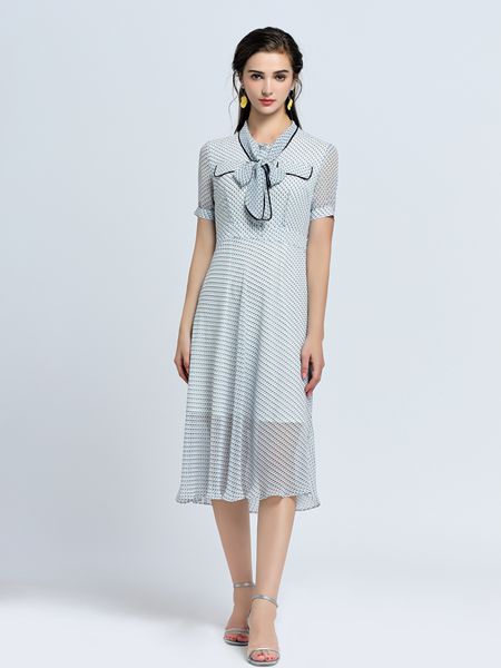 YINFEI&音非女装品牌2019春夏时尚系带领优雅修身中长款印花连衣裙