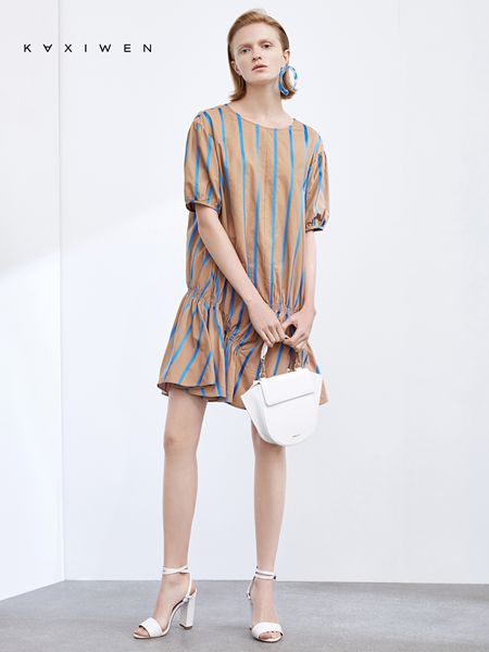 KAXIWEN佧茜文女装品牌2019春夏新款 条纹大口袋宽松连衣裙