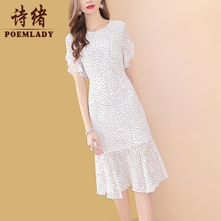 POEMLADY女装品牌2019春夏新款中长款显瘦流行a字裙白色波点雪纺连衣裙