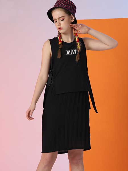 比利休闲品牌2019春夏新款简约显瘦黑色纯色假两件无袖修身连衣裙