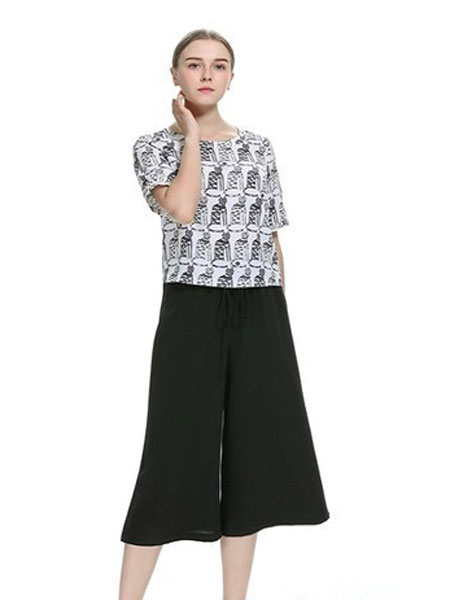 卡伊奴女装品牌2019春夏新款收腰气质显瘦碎花阔腿裤两件套潮