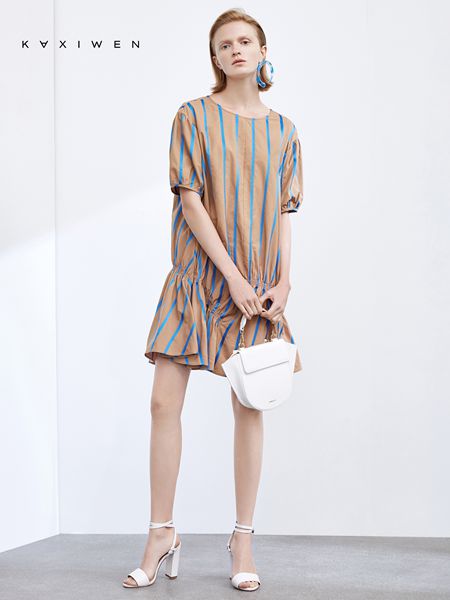 佧茜文女装品牌2019春夏新款 条纹大口袋宽松连衣裙