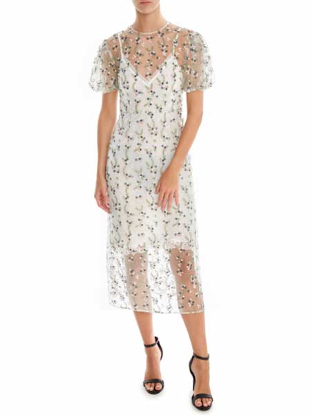Markus Lupfer女装品牌2019春夏新款气质V领透视网纱刺绣花朵喇叭袖连衣裙