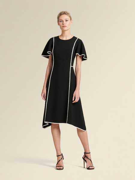 Donna Karan唐娜·凯伦女装品牌2019春夏新款时尚对比线条圆领荷叶边短袖合身不规则A字连衣裙