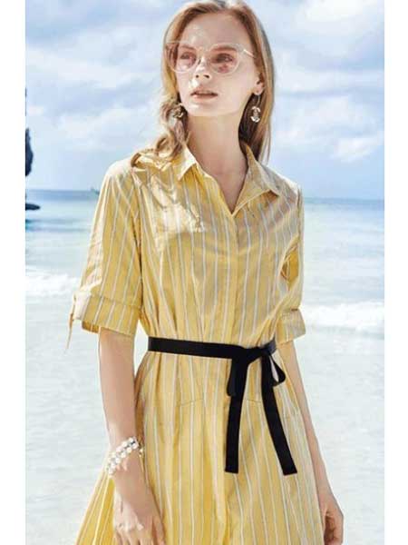 卡洛弥女装品牌2019春夏新款韩版设计感条纹衬衫连衣裙A字裙