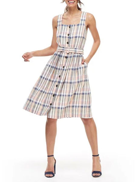 普罗恩萨·施罗女装品牌2019春夏新款复古吊带露肩格子仙女长裙子系带很仙的连衣裙