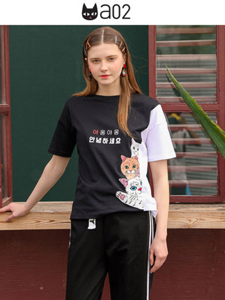 A02女装品牌2019春夏新款潮流ins撞色猫咪印花显瘦短袖T恤