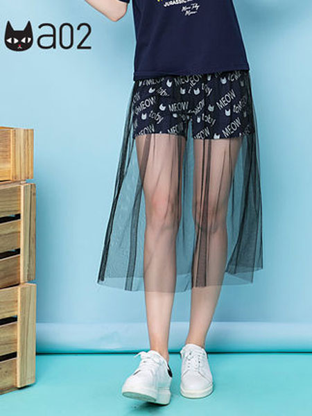 A02女装品牌2019春夏新款字母印花松紧带休闲裤女外罩网纱短裤