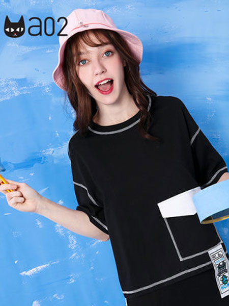A02女装品牌2019春夏新款韩版大码口袋拼接宽松纯棉显瘦短袖T恤