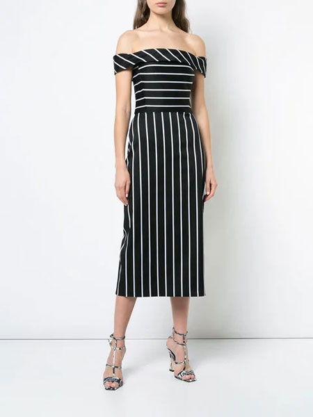 Christian Siriano克里斯蒂安·西里亚诺女装品牌2019春夏新款时尚收腰显瘦条纹露肩连衣裙