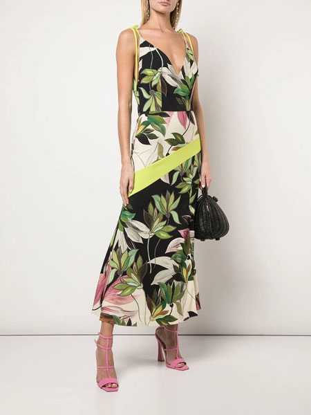 Christian Siriano克里斯蒂安·西里亚诺女装品牌2019春夏新款时尚V领印花吊带连衣裙