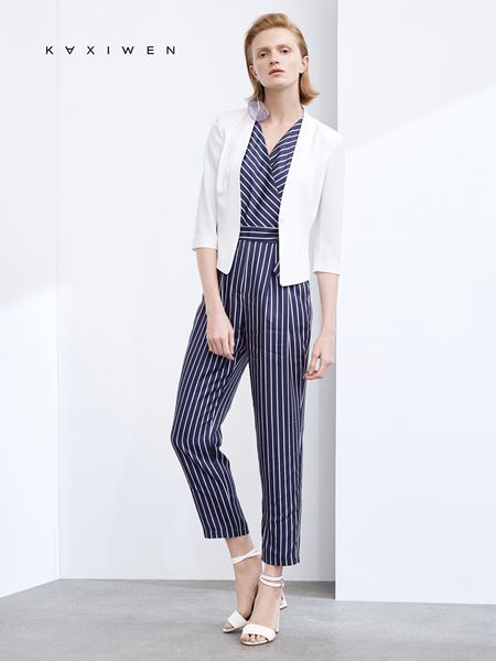 KAXIWEN佧茜文女装品牌2019春夏复古竖条纹小脚直筒西装裤