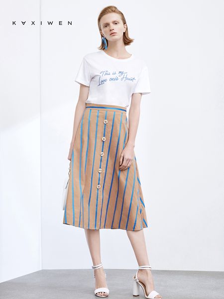 KAXIWEN佧茜文女装品牌2019春夏条纹纽扣半身裙