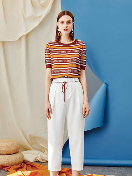 木茜格MUSIG女装品牌2019春夏直筒白色撞色系带显瘦直筒休闲裤