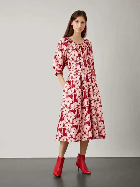 JOSEPH女装品牌2019春夏新款纯棉红色印花收腰腰带中长款连衣裙