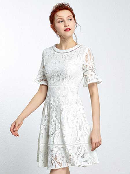 ZIMMUR女装品牌2019春夏新款圆领蕾丝修身显瘦纯白色A字中长新款连衣裙