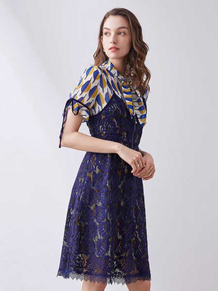 ZIMMUR女装品牌2019春夏新款条纹蕾丝拼接雪纺假两件套气质连衣裙