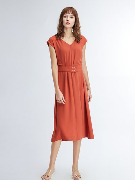 凡恩女装品牌2019春夏长裙插肩五分袖雪纺绑带连衣裙