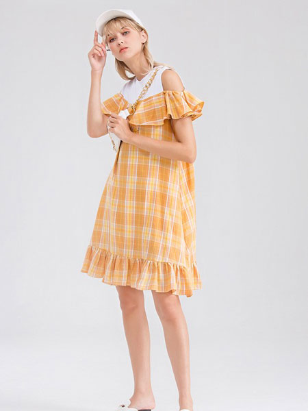 巴利女装品牌2019春夏文艺格纹连衣裙宽松双层花边短袖中长裙