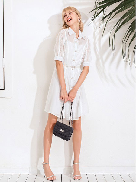 巴利女装品牌2019春夏宽松显瘦V领短袖中长款时尚长裙潮