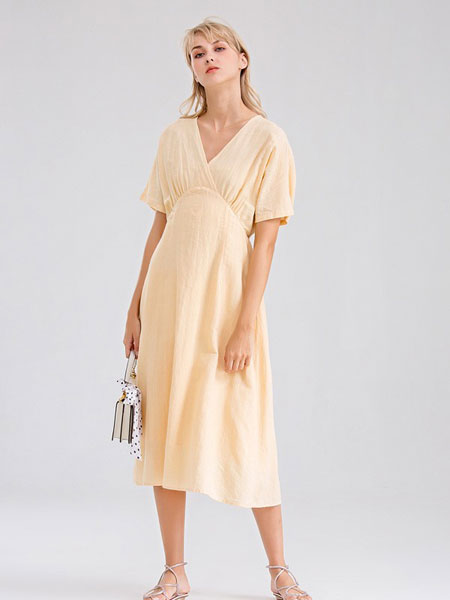巴利女装品牌2019春夏新品气质净色V领短袖连衣裙