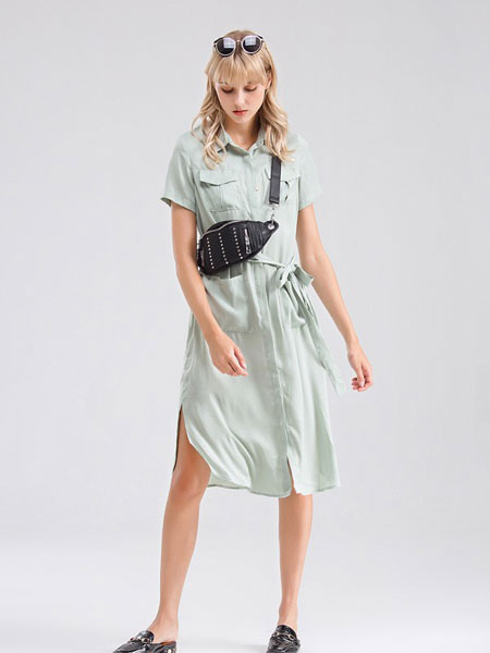 巴利女装品牌2019春夏新款翻领短袖中长款韩版衬衣裙