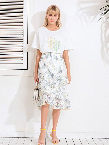 巴利女装品牌2019春夏韩版舒适短袖棉T雪纺两件套裙