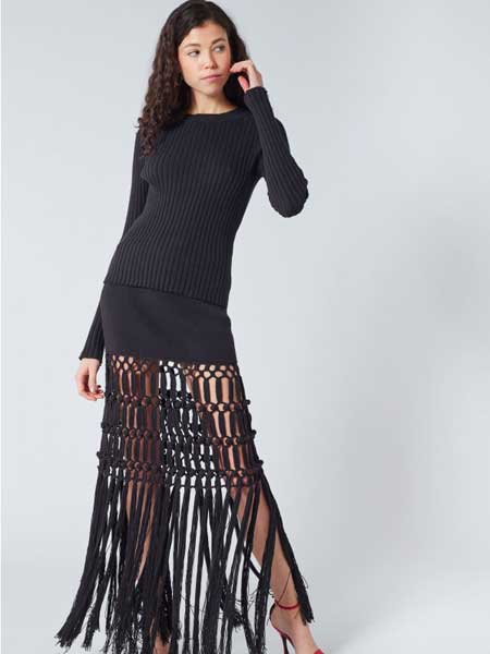 索尼亚·里基尔之索尼亚女装品牌2019春夏新款镂空蕾丝针织包臀流苏中长款连衣裙