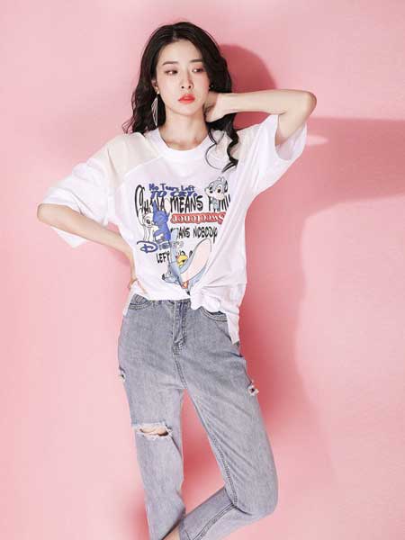 JOU SEO MOK女装品牌2019春夏新款韩版宽松套头圆领短袖卡通印花图案短袖t恤