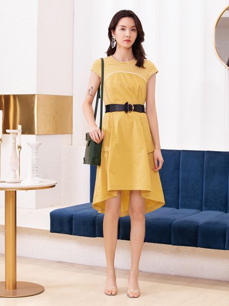 布根香女装品牌2019春夏气质修身显瘦V领小个不规则裙