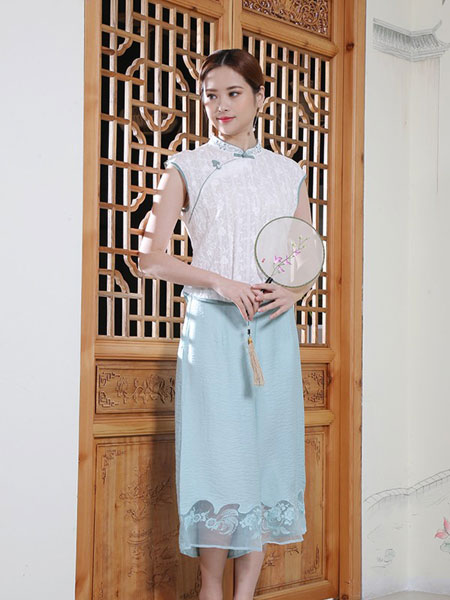 木棉道女装品牌2019春夏中国风短袖高贵气质旗袍式连衣裙