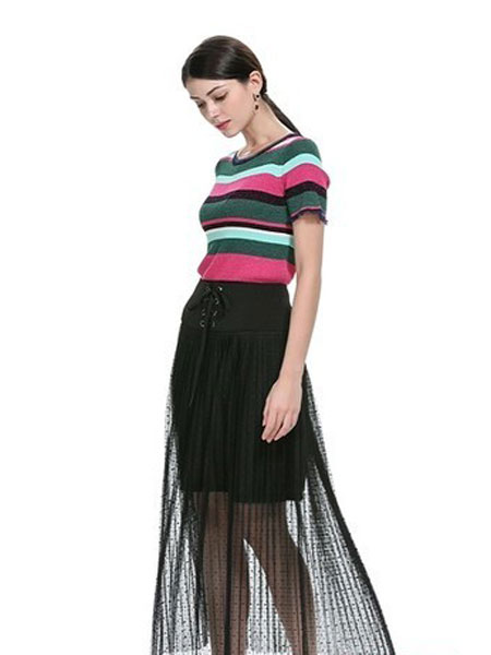 卡伊奴女装品牌2019春夏网纱高腰时尚百褶半身裙