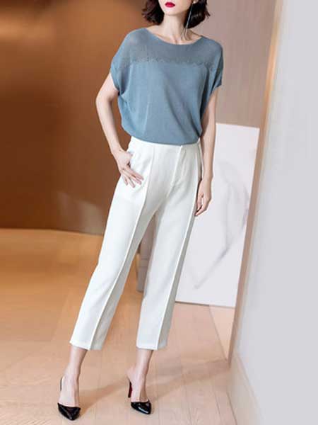 米思阳女装品牌2019春夏新款时尚套装镂空短袖T恤白色直筒长裤两件套