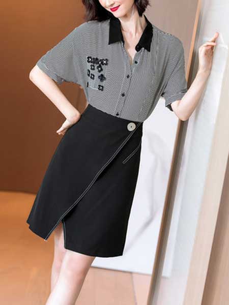 米思阳女装品牌2019春夏新款时尚套装条纹拼接真丝衬衫不规则半身裙两件套