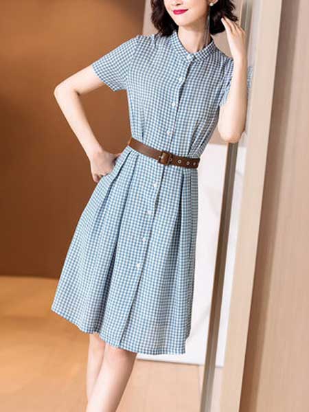 米思阳女装品牌2019春夏新款小清新减龄蓝白格子衬衫裙收腰显瘦中长连衣裙