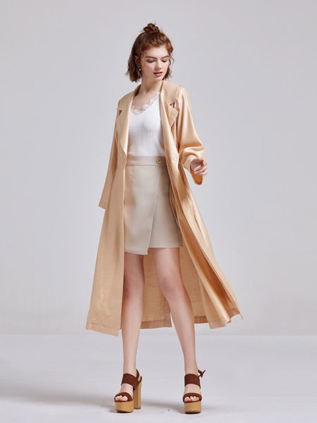 贝珞茵女装品牌2019春夏新品简约气质双层薄款风衣中长款长袖上衣