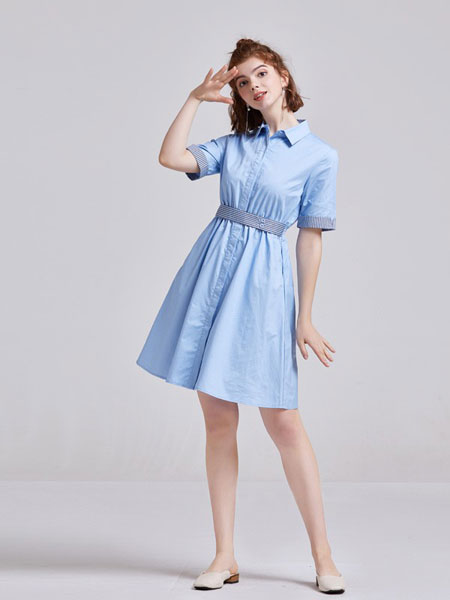 贝珞茵女装品牌2019春夏新款衬衫领纯色修身收腰短袖连衣裙