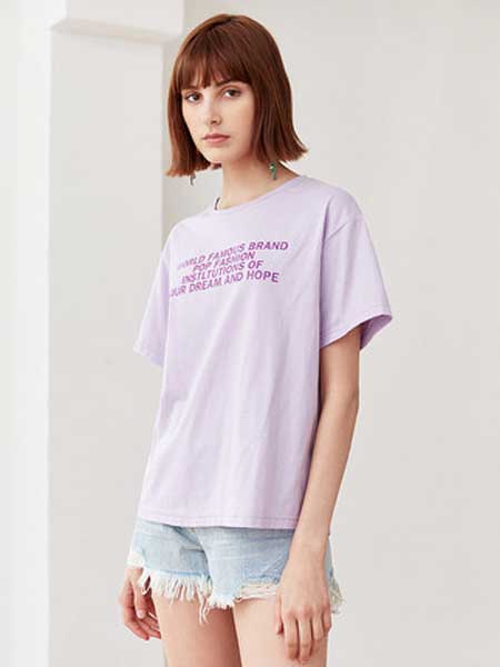 自由鸟女装品牌2019春夏新款T恤纯棉舒适淡雅紫色百搭