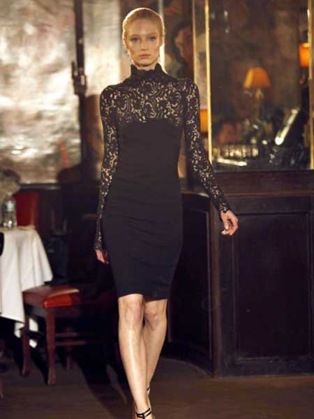 Bill Blass比尔·布拉斯女装品牌新款长袖蕾丝性感优雅修身连衣裙