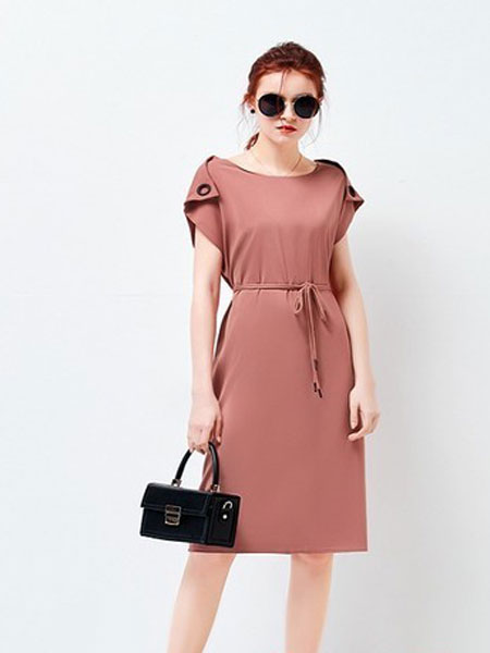 艾米女装品牌2019春夏新款简约纯色修身系带知性短袖裙