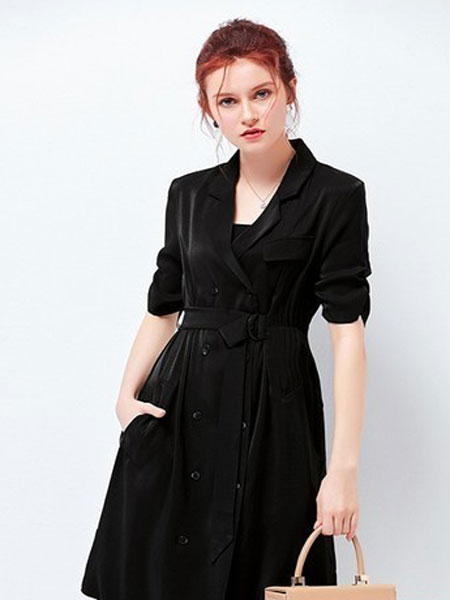 艾米女装品牌2019春夏新款韩版双排扣西装领系带显瘦中长款裙
