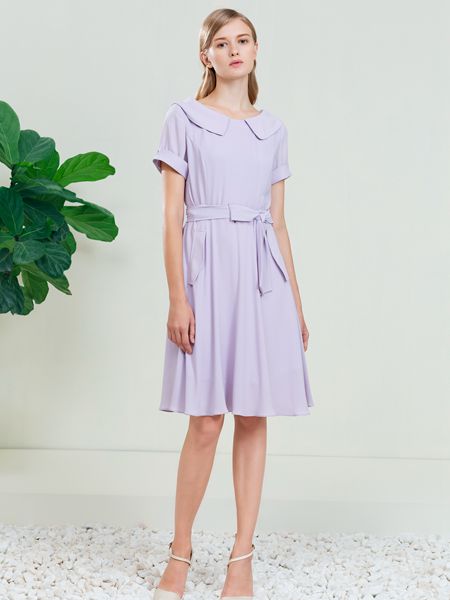 迪图女装品牌2019春夏条纹收腰修身气质中长款连衣裙