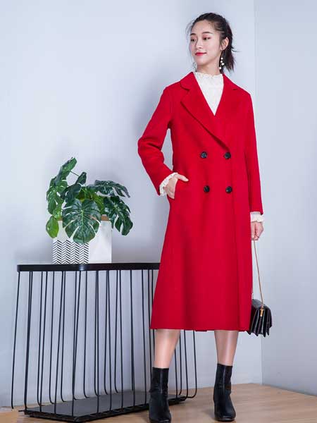 弘濠服饰女装品牌新款韩版中长款翻领双排扣直筒羊毛大衣外套