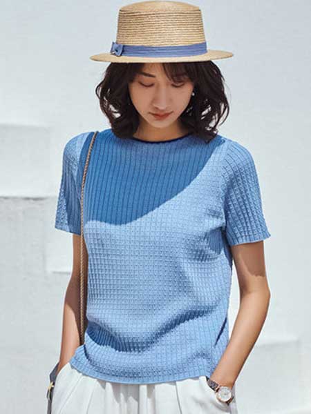 浅秋女装品牌2019春夏新款撞色圆领坑条纹修身显瘦针织短袖T恤