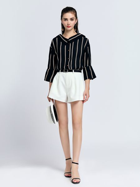 音非女装品牌2019春夏款职业时尚气质七分袖衬衣v领上衣