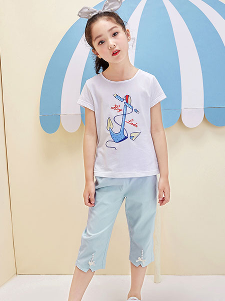 男生女生童装品牌2019春夏女大童卡通印花圆领纯色短袖