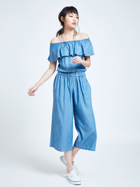 Edwin艾德文女装品牌2019春夏新款一字领荷叶边纯色连体裤