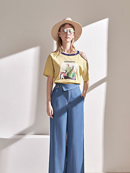 澳莉丝女装品牌2019春夏韩版印花短袖T恤洋气高腰阔腿裤