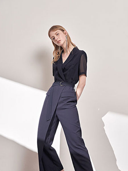 澳莉丝女装品牌2019春夏系带高腰宽松纯色长裤