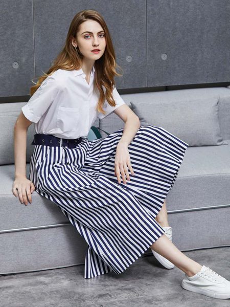 讴歌德女装品牌2019春夏高腰条纹阔腿裤两件套装